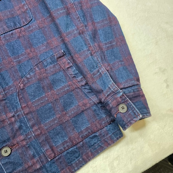 Goodfellow Plaid Denim‎ Chore Jacket Mens Small Blue Burgundy Trucker Style - Picture 5 of 12